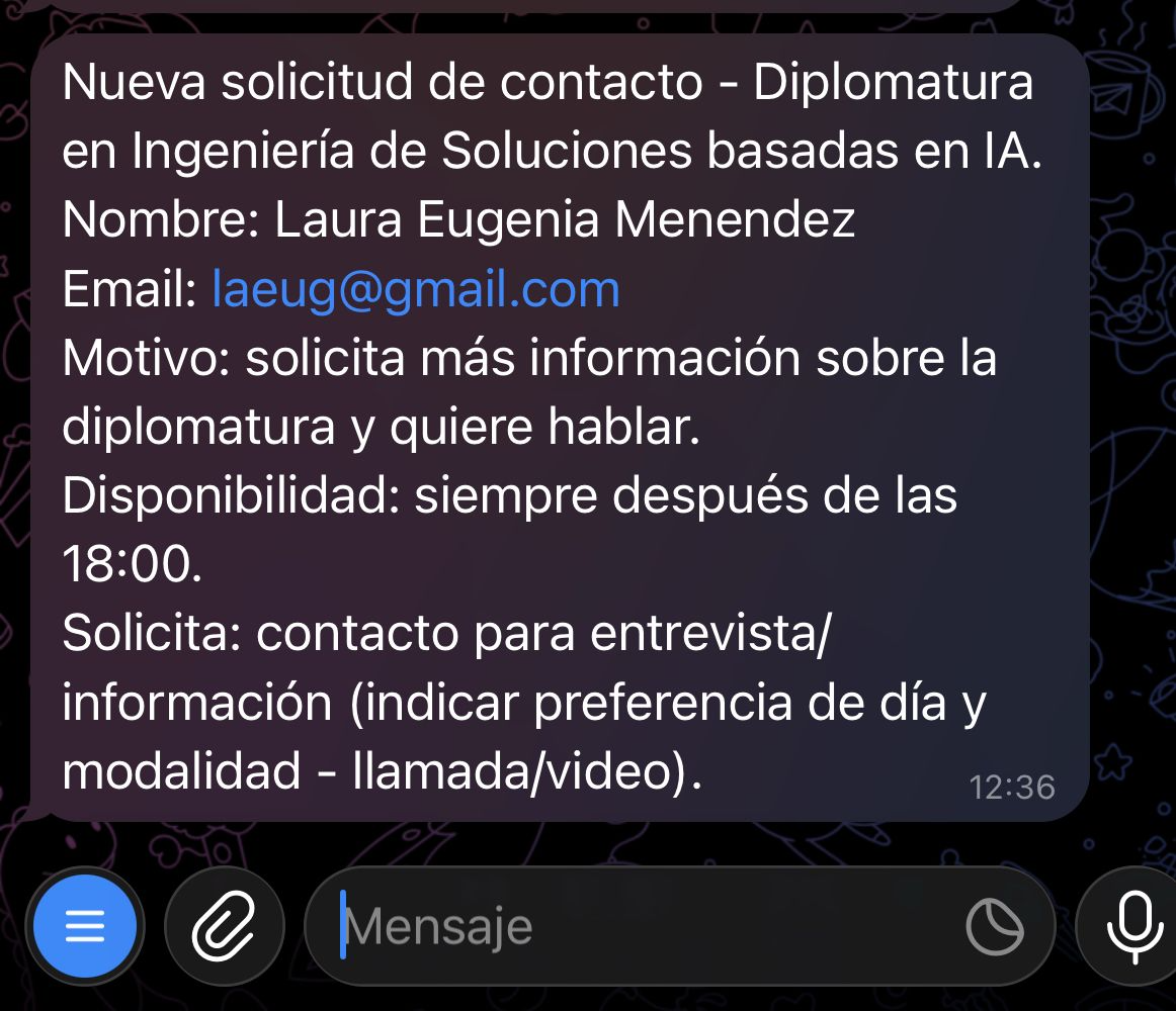 Mensaje de Telegram generado por el chatbot cuando una persona pide contacto humano.